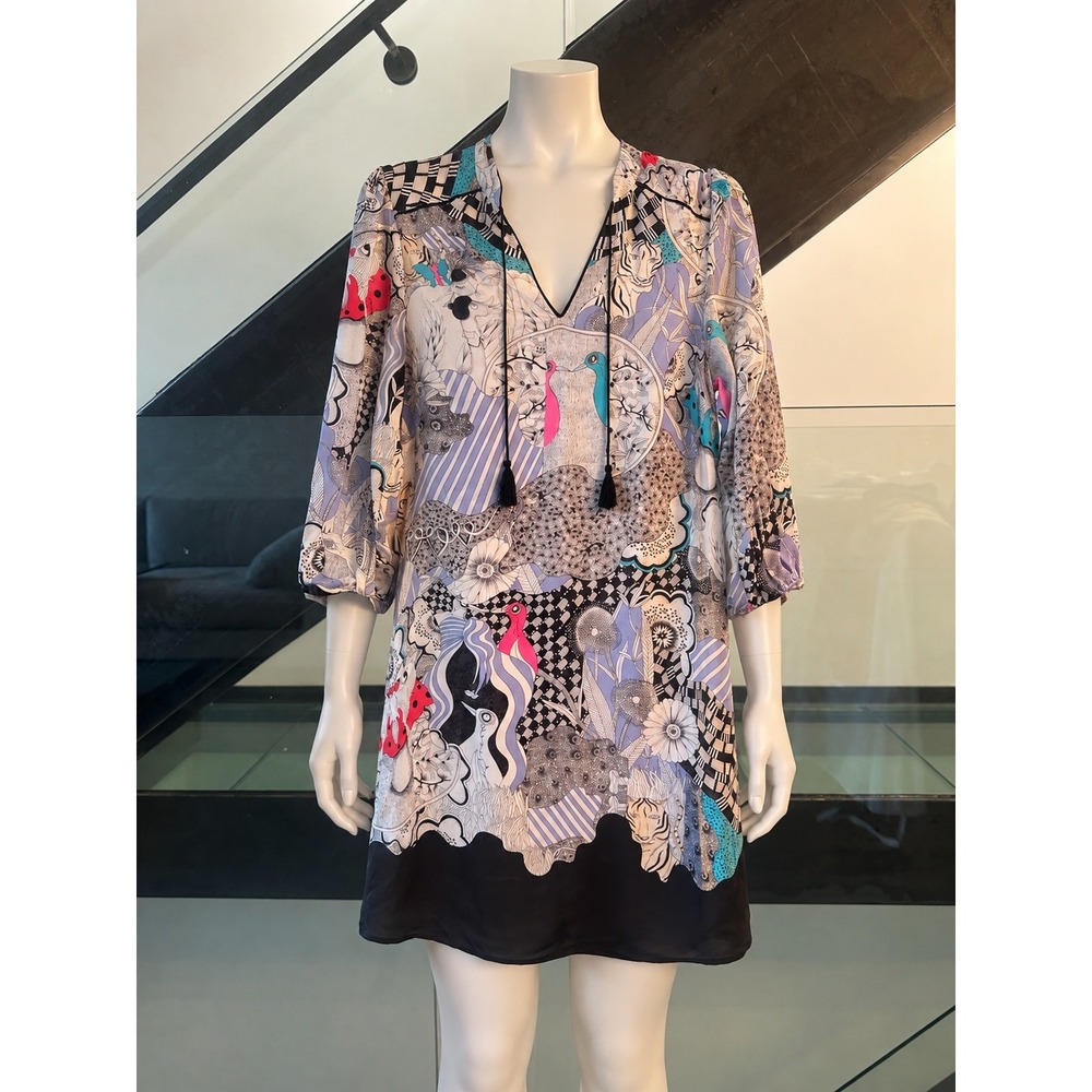 Florence Balducci Anthropologie Whimsical Print Tassel Silk Shift Dress XS Multi
